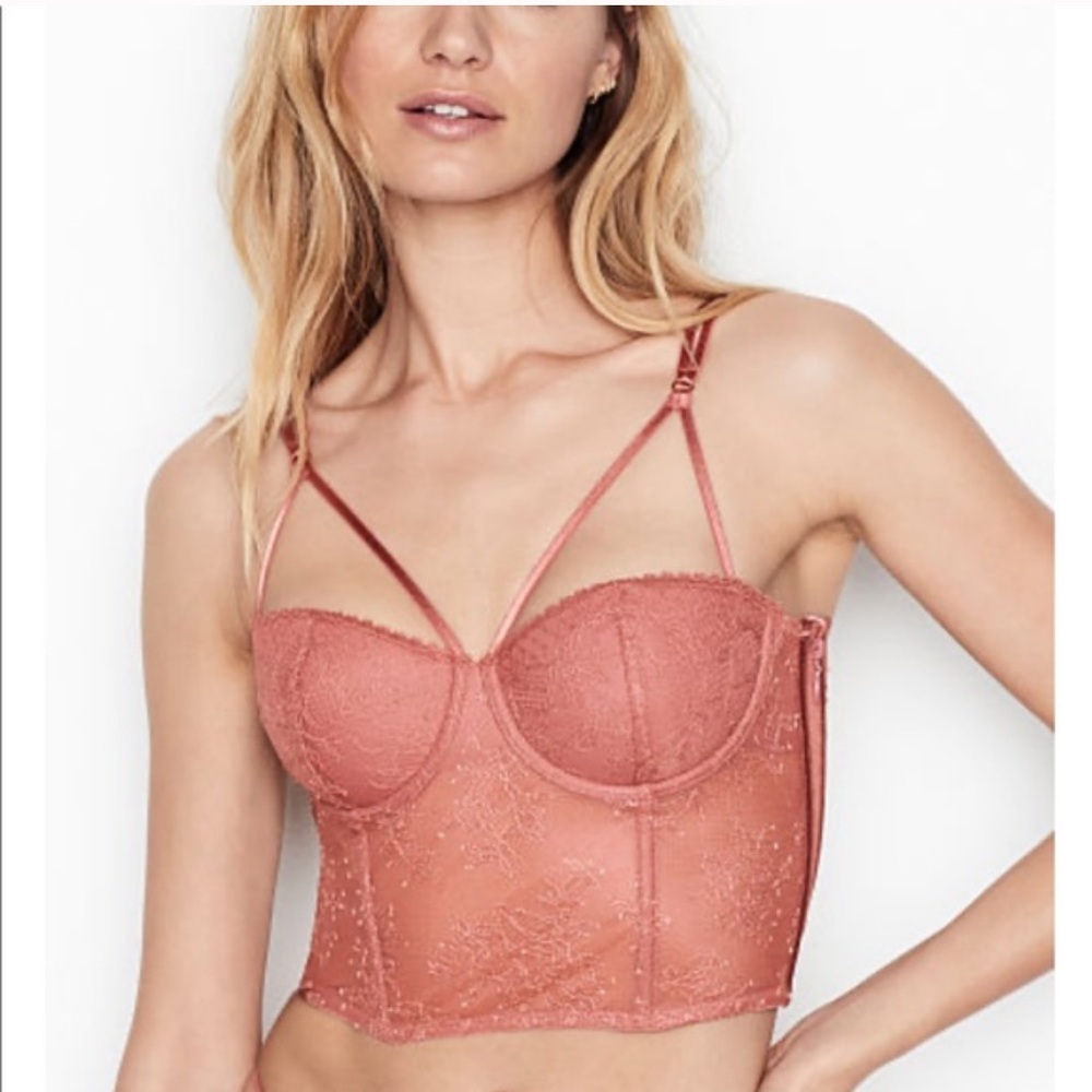 Victoria’s Secret Very Sexy Bustier 32C French Rose Pink Lace Strappy Straps